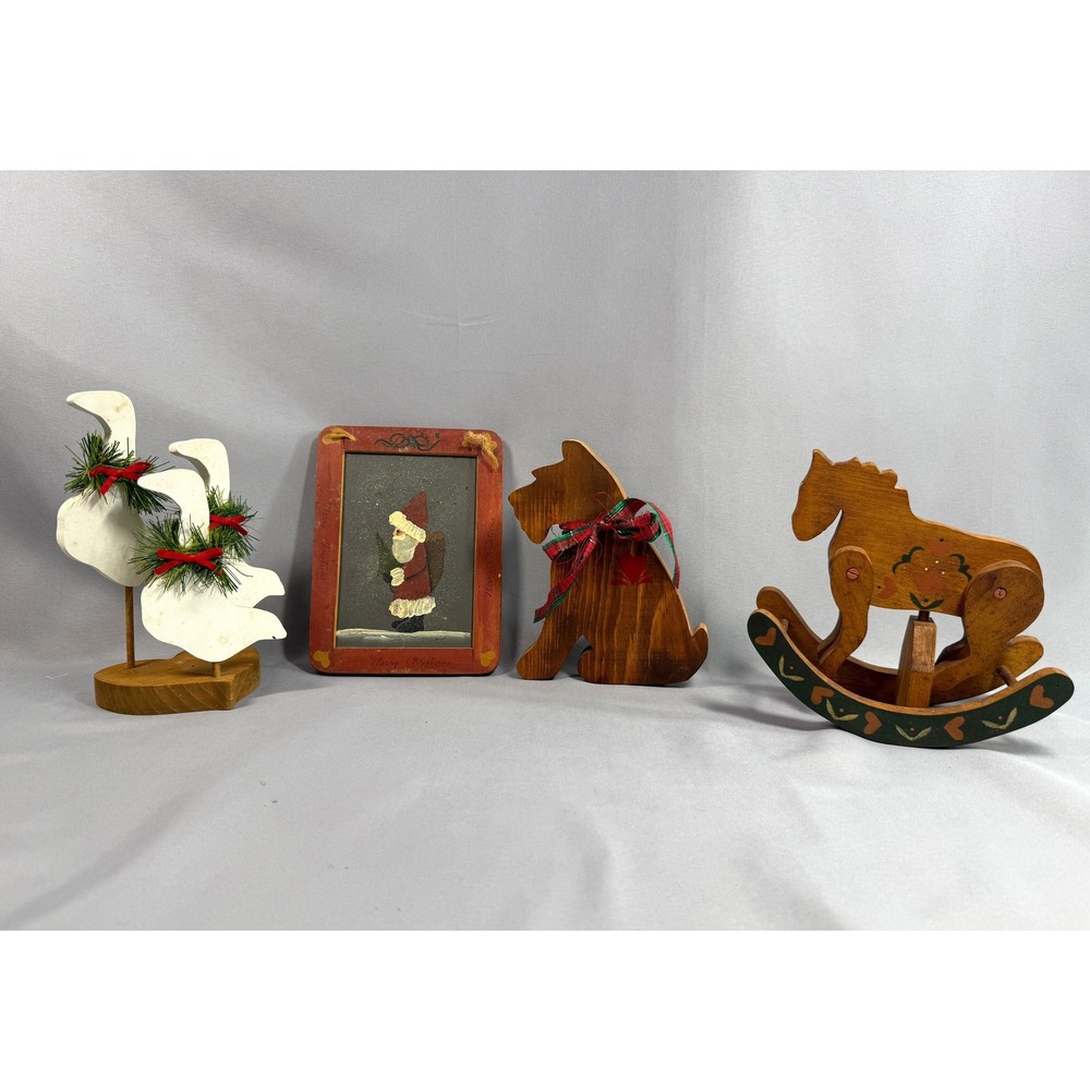 Lot of 4 Vintage Wooden Christmas Decor Rustic Primitive Folk Art Cottagecore